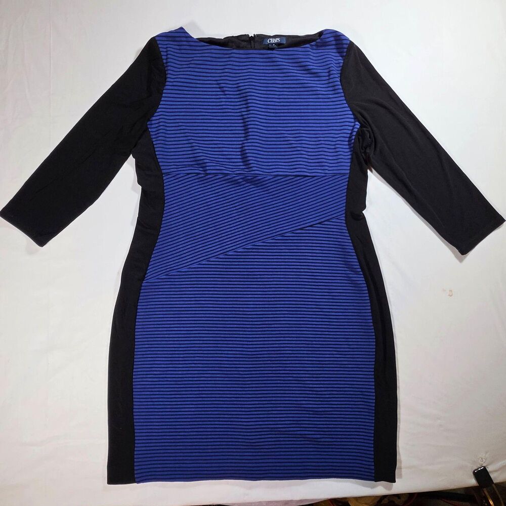 Chaps Dress Womens 16 Blue Black Striped Sheath 3/4 Sleeve Knit